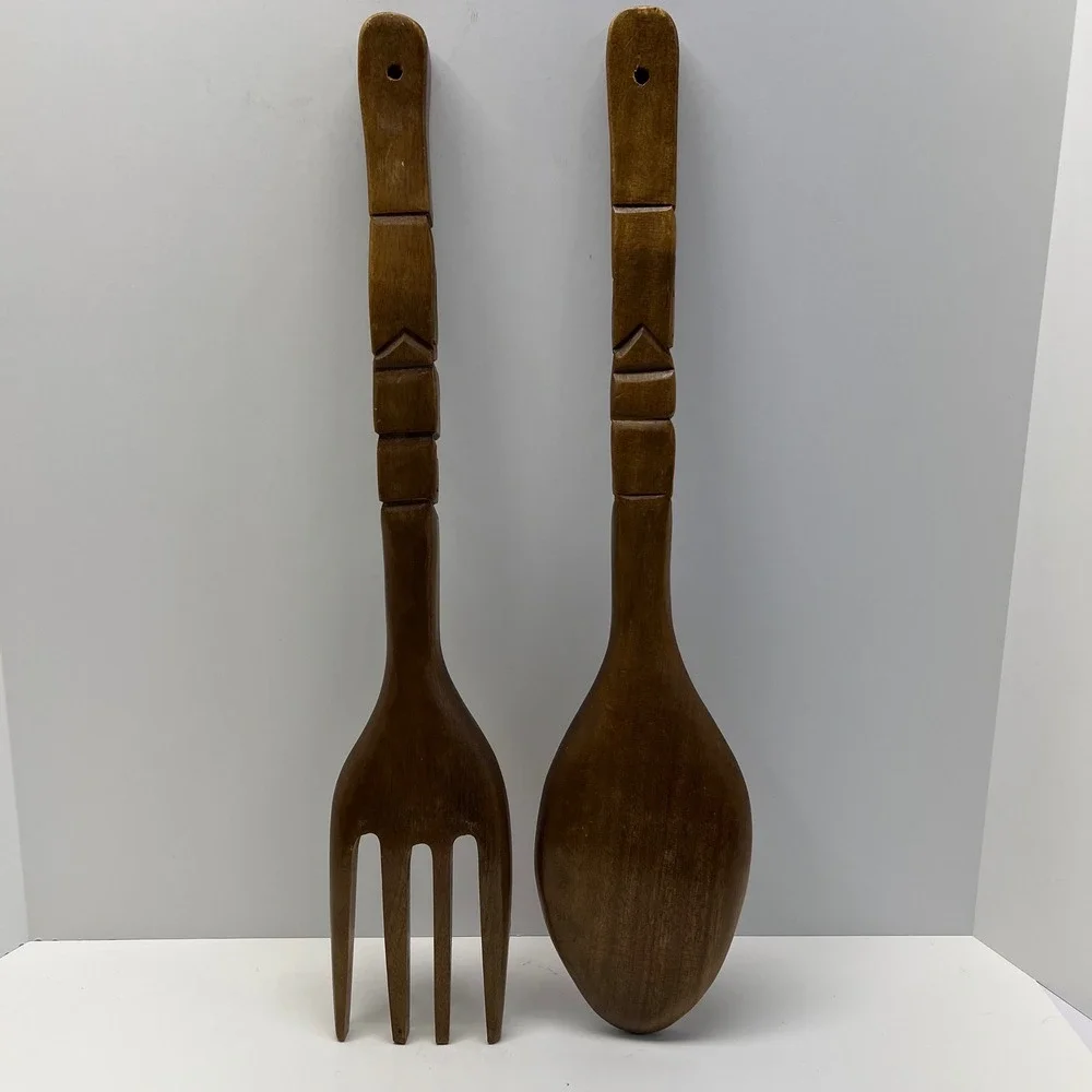 Vintage Hand Carved Wooden Tiki Totem Spoon and Fork Wall Decor Set 21 Inch MCM